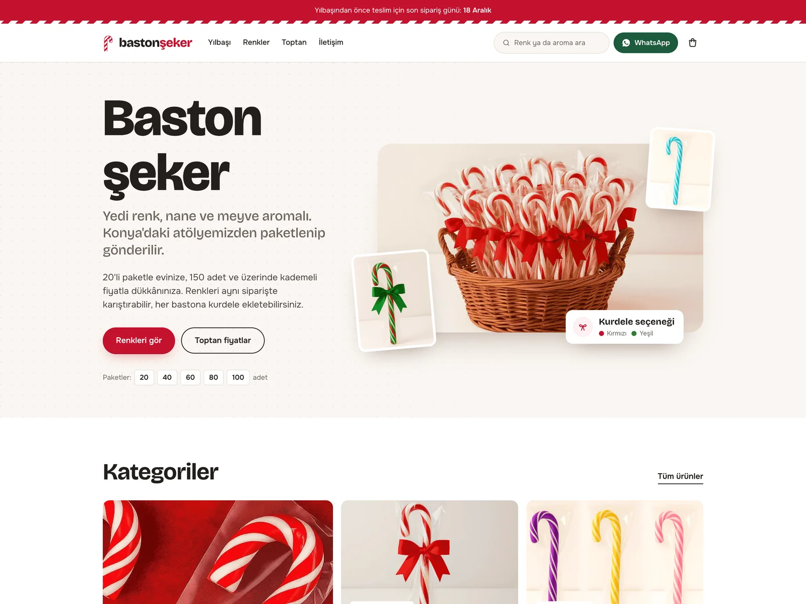 bastonseker.com anasayfası: baston şeker sepeti, kurdele seçeneği, paket adetleri ve kategoriler