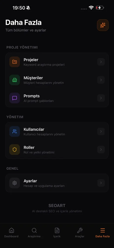 SEOART Content Studio mobil: projeler, müşteriler, promptlar, kullanıcılar, roller, ayarlar