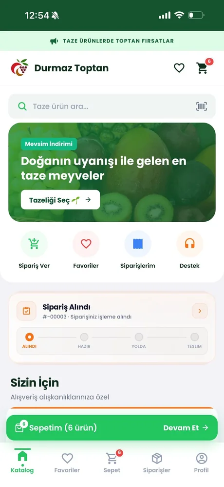 Durmaz Toptan bayi uygulaması: katalog ve sipariş durumu