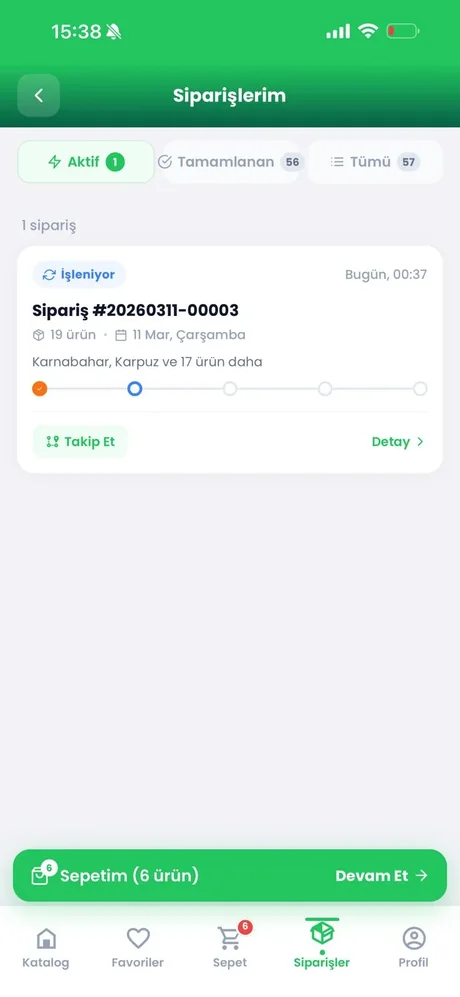 Durmaz Toptan bayi uygulaması: aktif ve tamamlanan siparişler