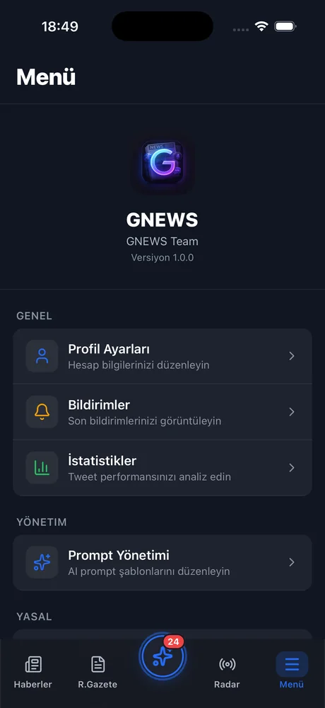 GNews menü: profil, bildirimler, istatistikler, prompt yönetimi