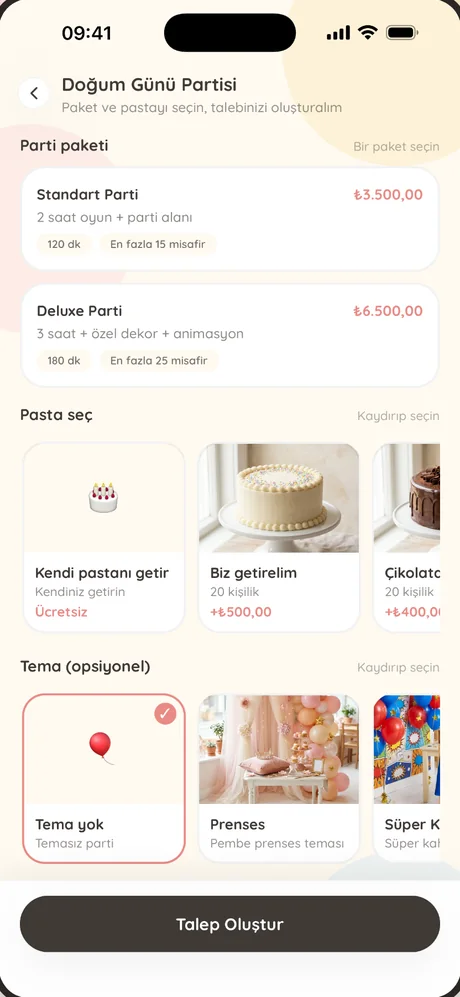 Lili Kids Club veli uygulaması: doğum günü paketi, pasta ve tema seçimi