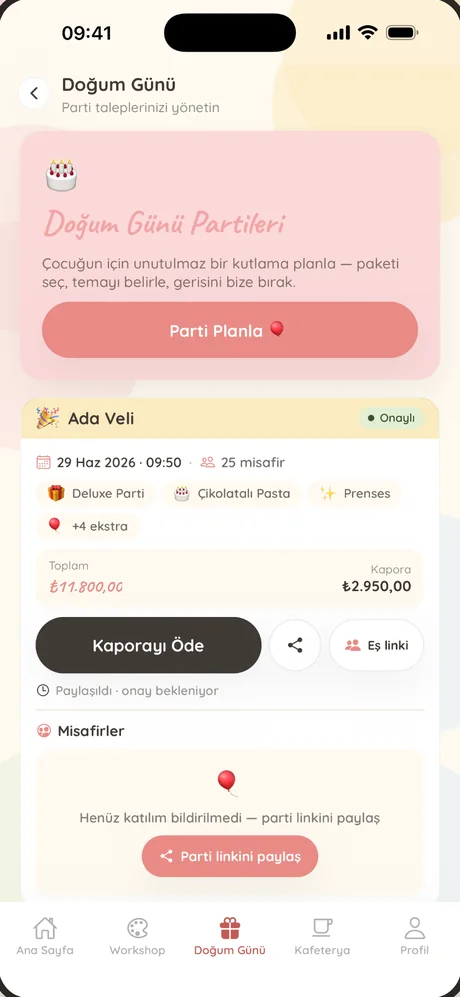 Lili Kids Club veli uygulaması: onaylı doğum günü partisi, kapora ve misafir listesi